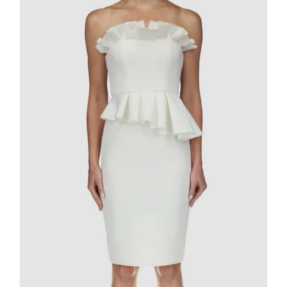 $395 Badgley Mischka Women's Ivory Ruffle Peplum Strapless Scuba Dress Size 10